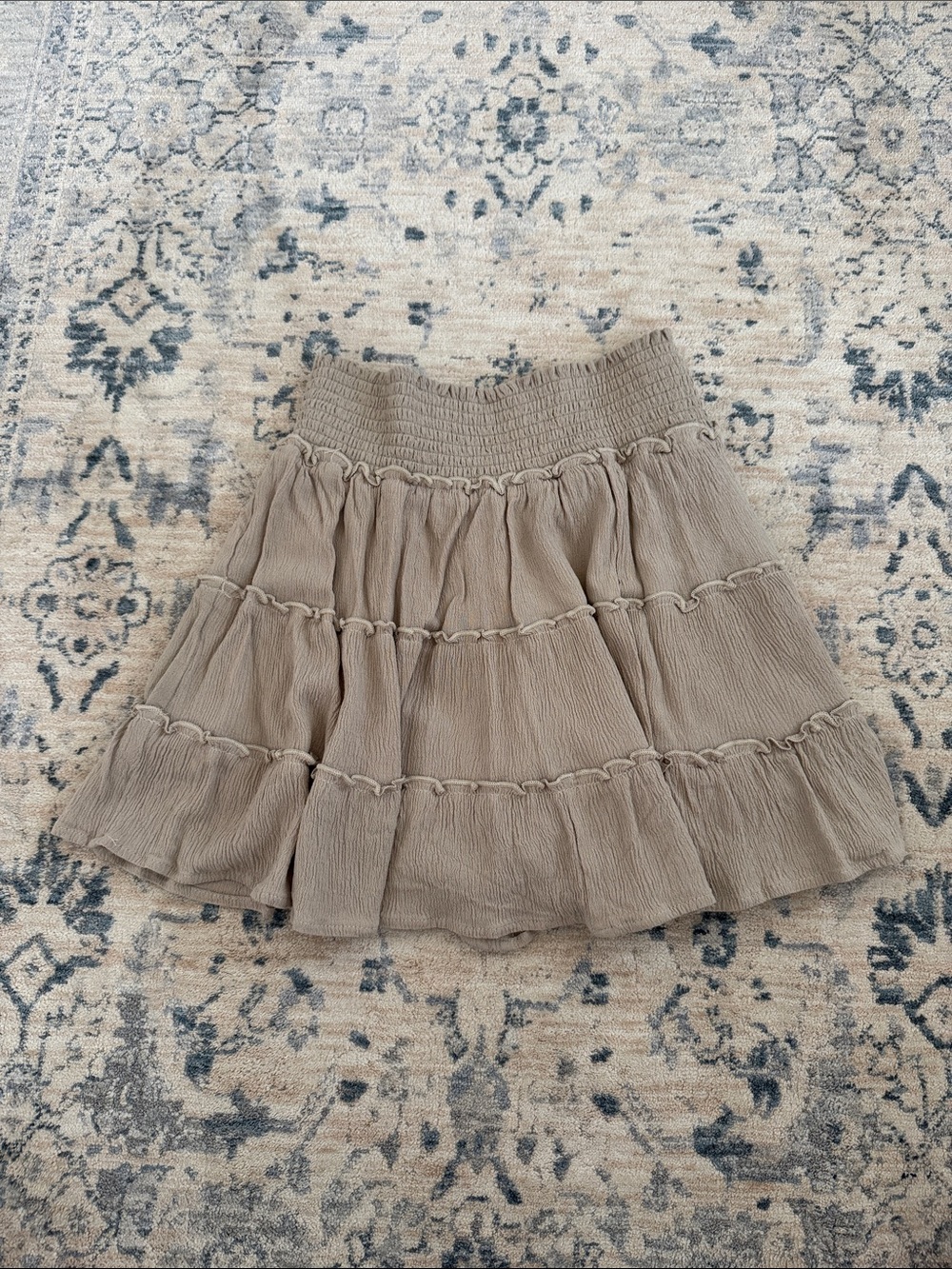 Tiered Smocked Waist Mini Skirt in Taupe